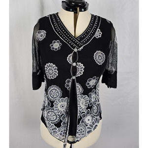 Design Works Blouse Women's Medium Black White Floral Buttons Half Sleeve